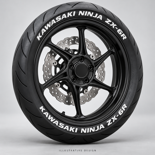 Illustrative KAWASAKI NINJA ZX-6R tire lettering mockup; not an actual installation photograph.
