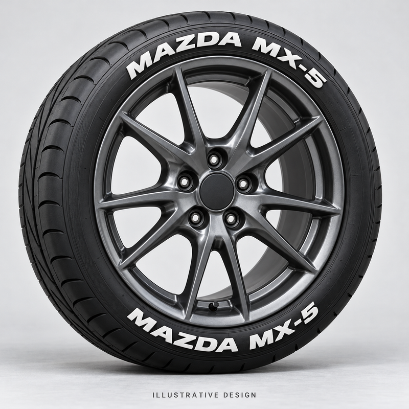 Illustrative MAZDA MX-5 tire lettering mockup; not an actual installation photograph.
