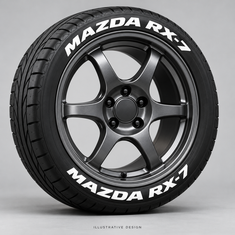 Illustrative MAZDA RX-7 tire lettering mockup; not an actual installation photograph.