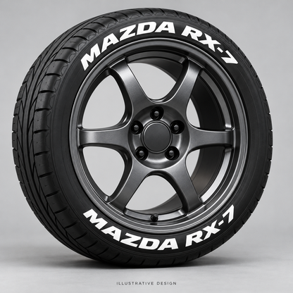 Illustrative MAZDA RX-7 tire lettering mockup; not an actual installation photograph.