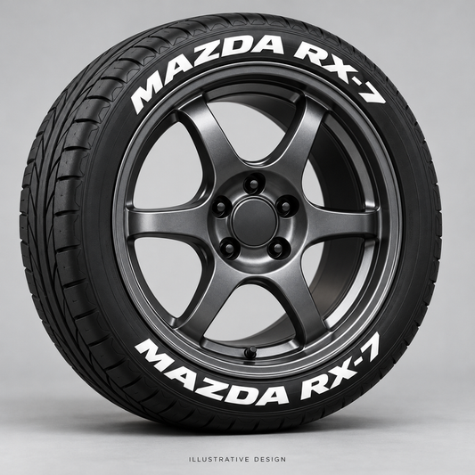 Illustrative MAZDA RX-7 tire lettering mockup; not an actual installation photograph.