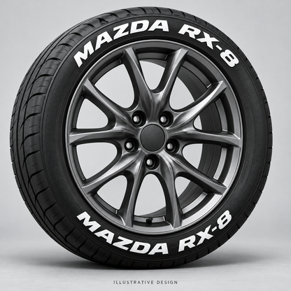 Illustrative MAZDA RX-8 tire lettering mockup; not an actual installation photograph.