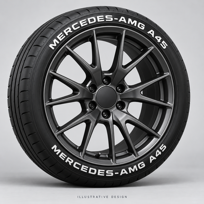 Illustrative MERCEDES-AMG A45 tire lettering mockup; not an actual installation photograph.