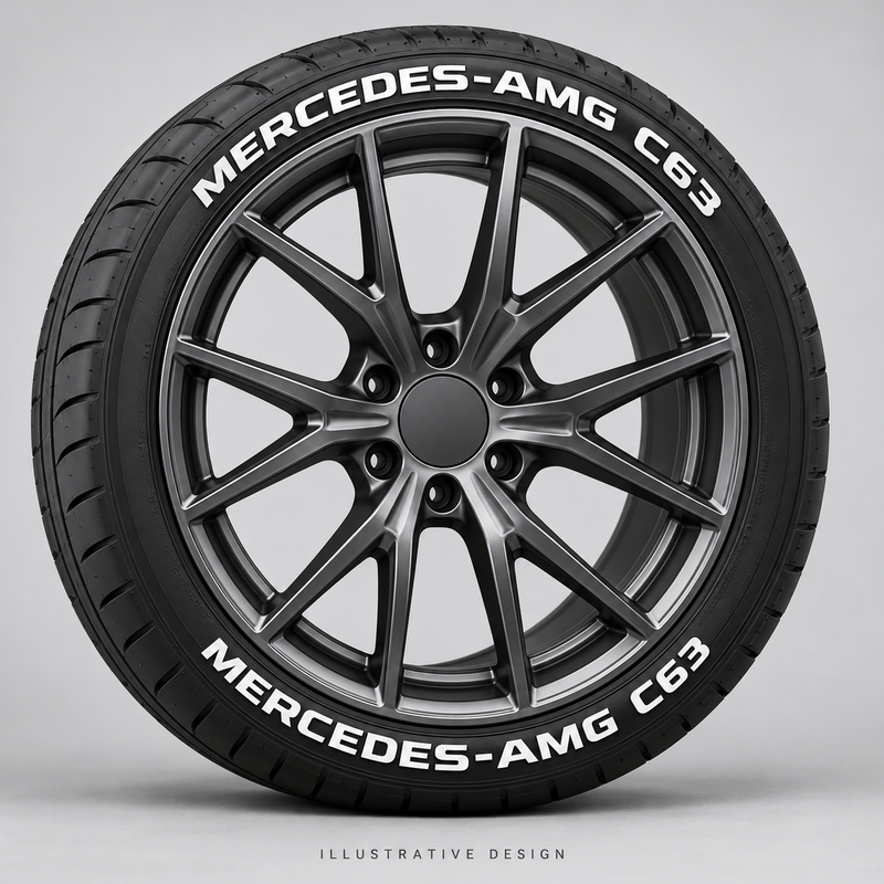 Illustrative MERCEDES-AMG C63 tire lettering mockup; not an actual installation photograph.