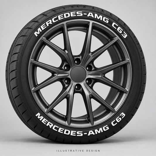 Illustrative MERCEDES-AMG C63 tire lettering mockup; not an actual installation photograph.