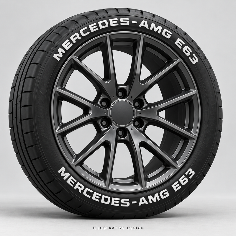 Illustrative MERCEDES-AMG E63 tire lettering mockup; not an actual installation photograph.