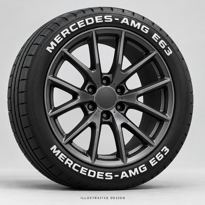 Illustrative MERCEDES-AMG E63 tire lettering mockup; not an actual installation photograph.