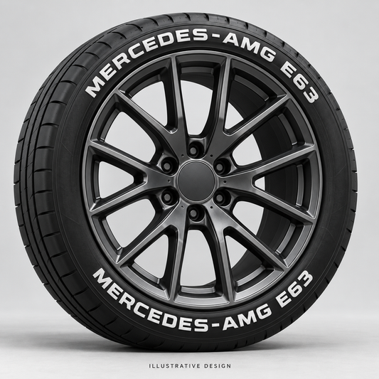 Illustrative MERCEDES-AMG E63 tire lettering mockup; not an actual installation photograph.