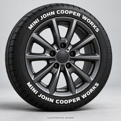 Illustrative MINI JOHN COOPER WORKS tire lettering mockup; not an actual installation photograph.