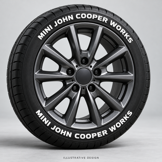 Illustrative MINI JOHN COOPER WORKS tire lettering mockup; not an actual installation photograph.
