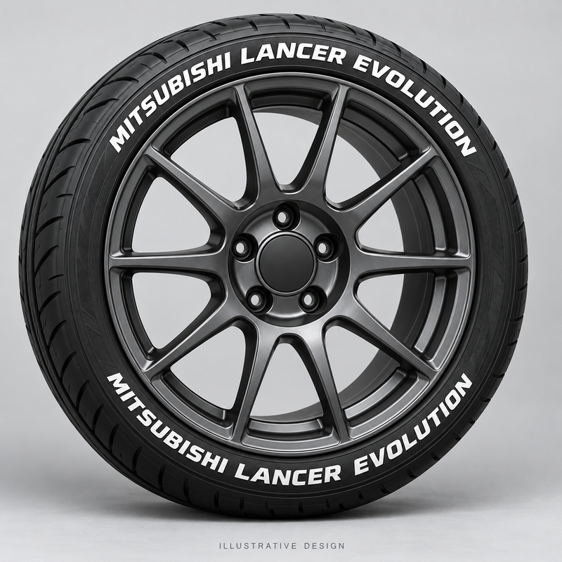 Illustrative MITSUBISHI LANCER EVOLUTION tire lettering mockup; not an actual installation photograph.