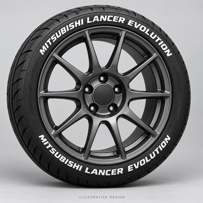 Illustrative MITSUBISHI LANCER EVOLUTION tire lettering mockup; not an actual installation photograph.