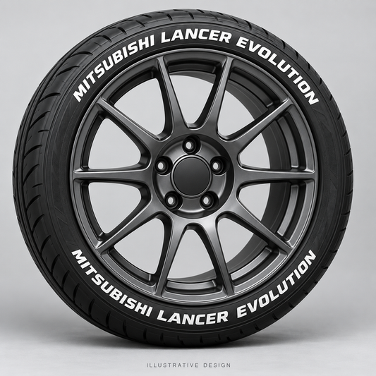 Illustrative MITSUBISHI LANCER EVOLUTION tire lettering mockup; not an actual installation photograph.