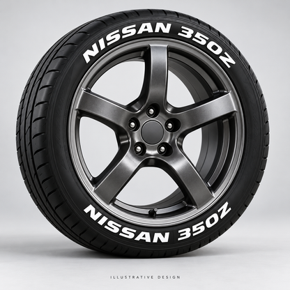 Illustrative NISSAN 350Z tire lettering mockup; not an actual installation photograph.