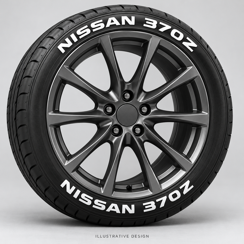 Illustrative NISSAN 370Z tire lettering mockup; not an actual installation photograph.