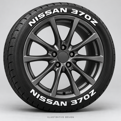 Illustrative NISSAN 370Z tire lettering mockup; not an actual installation photograph.