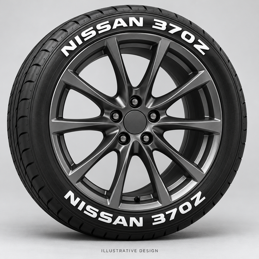 Illustrative NISSAN 370Z tire lettering mockup; not an actual installation photograph.
