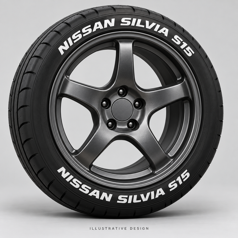 Illustrative NISSAN SILVIA S15 tire lettering mockup; not an actual installation photograph.