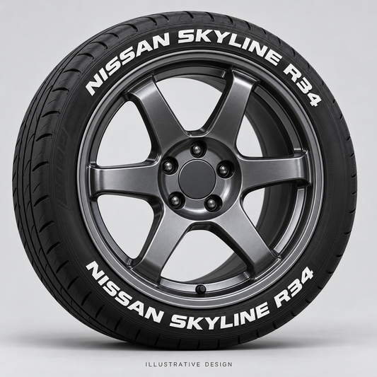 Illustrative NISSAN SKYLINE R34 tire lettering mockup; not an actual installation photograph.