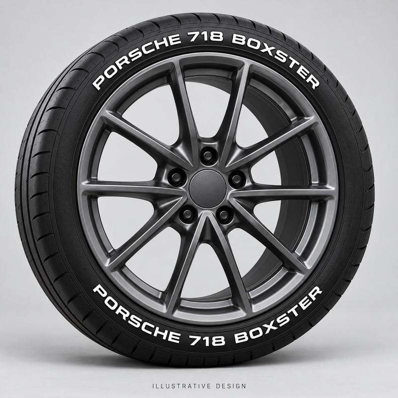 Illustrative PORSCHE 718 BOXSTER tire lettering mockup; not an actual installation photograph.