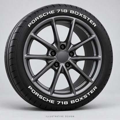 Illustrative PORSCHE 718 BOXSTER tire lettering mockup; not an actual installation photograph.