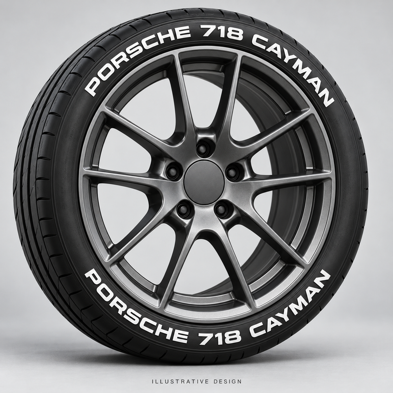 Illustrative PORSCHE 718 CAYMAN tire lettering mockup; not an actual installation photograph.
