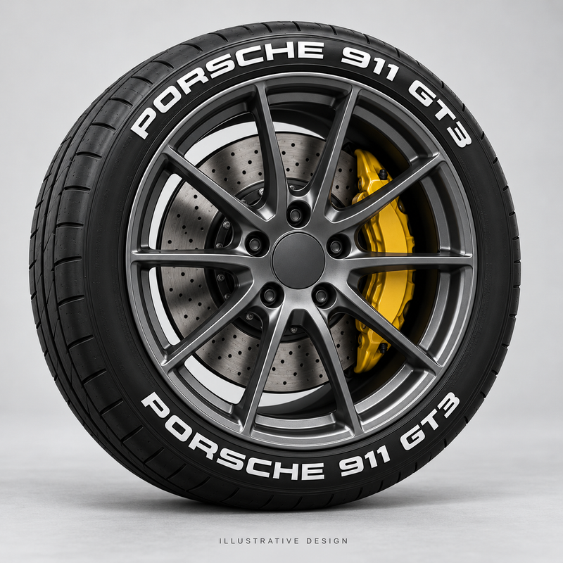 Illustrative PORSCHE 911 GT3 tire lettering mockup; not an actual installation photograph.