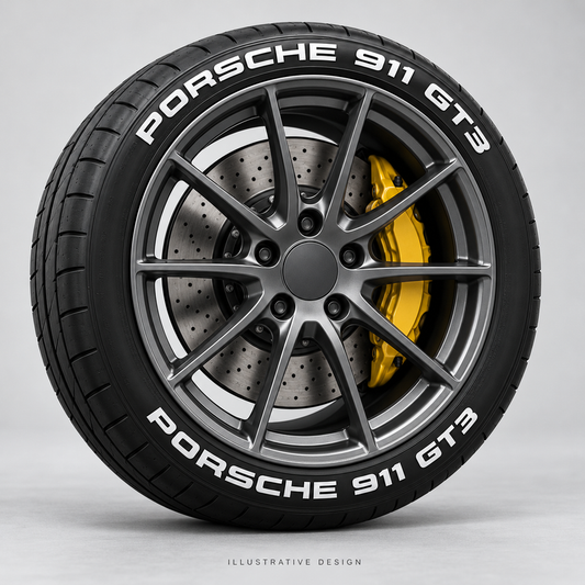 Illustrative PORSCHE 911 GT3 tire lettering mockup; not an actual installation photograph.