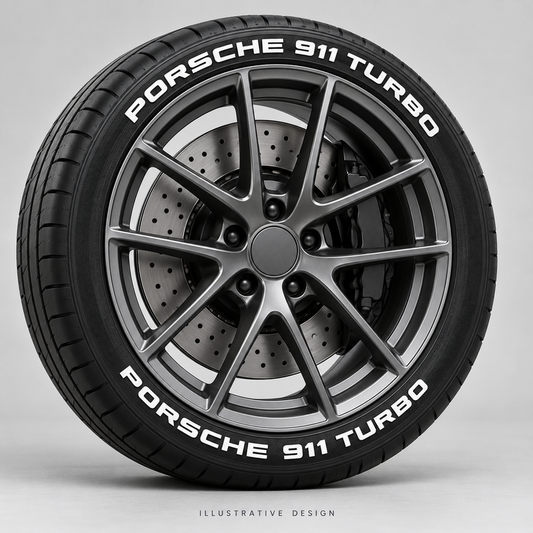 Illustrative PORSCHE 911 TURBO tire lettering mockup; not an actual installation photograph.