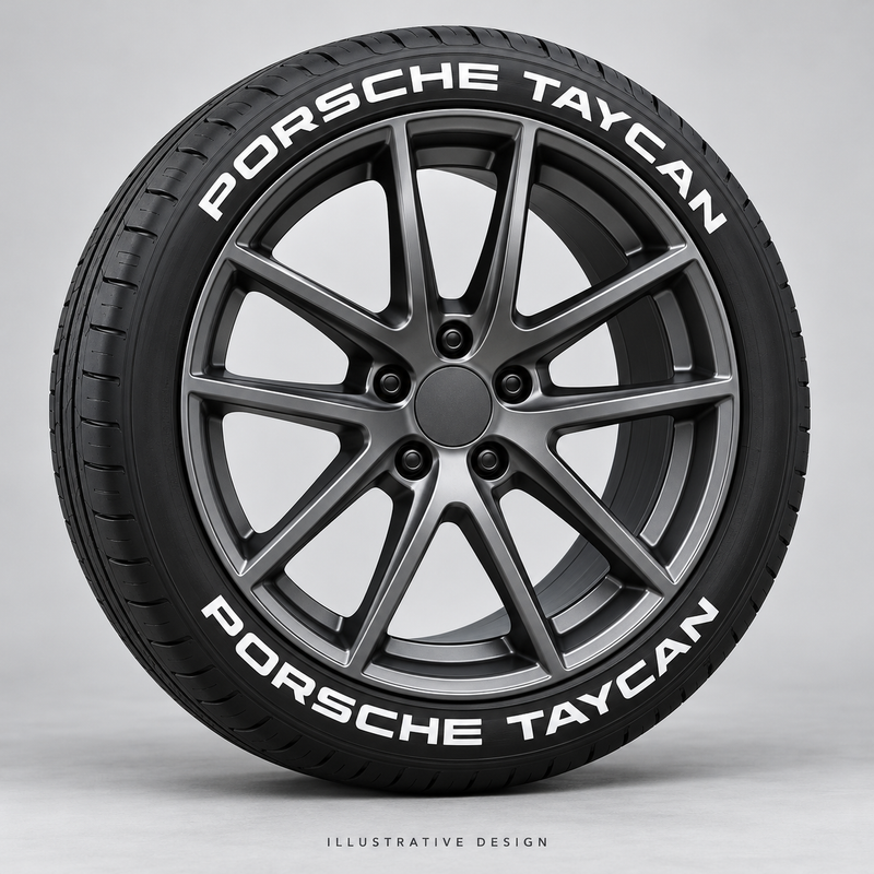 Illustrative PORSCHE TAYCAN tire lettering mockup; not an actual installation photograph.