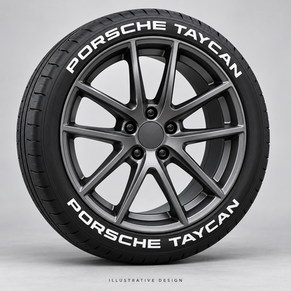 Illustrative PORSCHE TAYCAN tire lettering mockup; not an actual installation photograph.