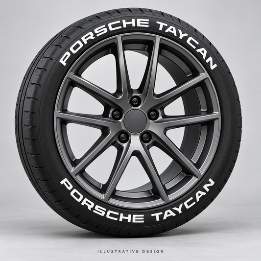 Illustrative PORSCHE TAYCAN tire lettering mockup; not an actual installation photograph.