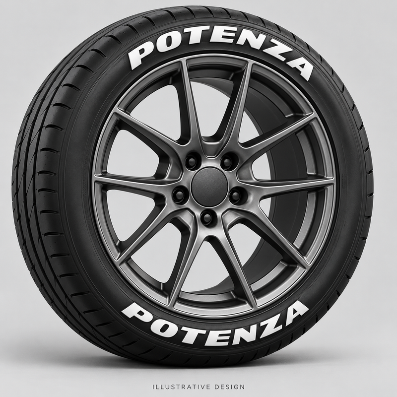 Illustrative POTENZA tire lettering mockup; not an actual installation photograph.