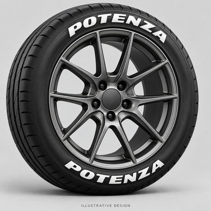 Illustrative POTENZA tire lettering mockup; not an actual installation photograph.
