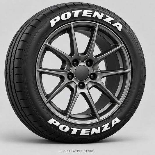 Illustrative POTENZA tire lettering mockup; not an actual installation photograph.