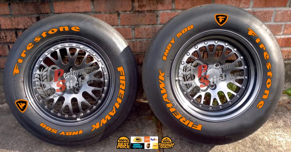 Firestone Firehawk Indy 500 lettering shown on tire sidewalls