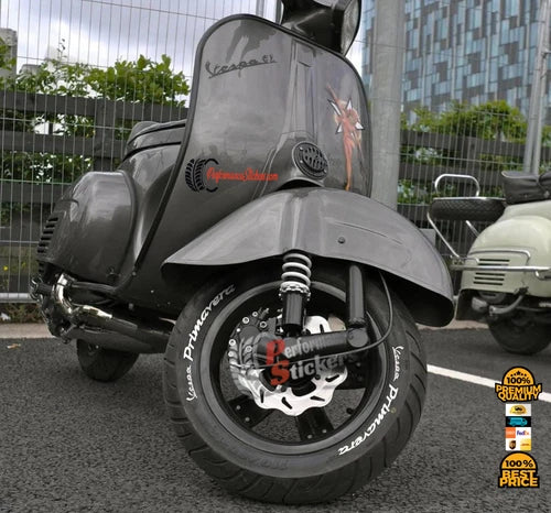 Vespa Primavera Scooter Tire Stickers shown on a tire or vehicle wheel
