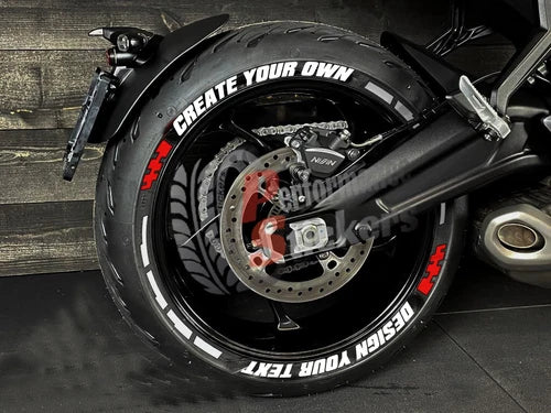 Custom Text Motorcycle Tire Stickers shown on a tire or vehicle wheel