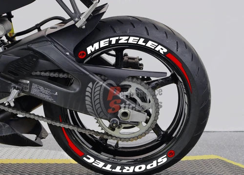 Metzeler Sportec Motorcycle Tire Stickers shown on a tire or vehicle wheel