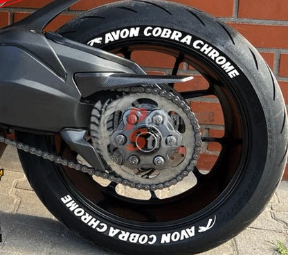 Avon Cobra Chrome Motorcycle Tire Stickers shown on a tire or vehicle wheel