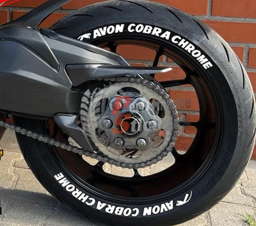 Avon Cobra Chrome Motorcycle Tire Stickers shown on a tire or vehicle wheel