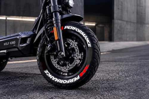 Performance E-Scooter Tire Stickers shown on a tire or vehicle wheel