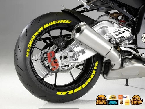 Super Racing Motorcycle Tire Stickers shown on a tire or vehicle wheel