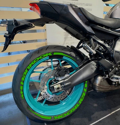 Hankook Motorcycle Tire Stickers shown on a tire or vehicle wheel
