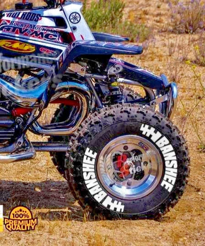 Banshee ATV Tire Stickers shown on a tire or vehicle wheel