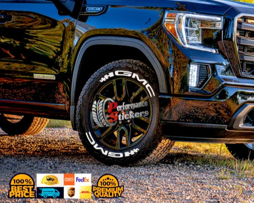 GMC Tire Stickers shown on a tire or vehicle wheel