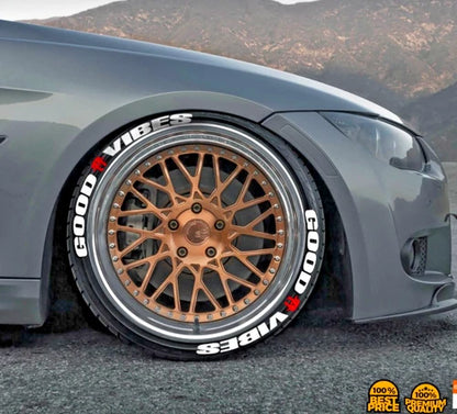 Good Vibes Tire Stickers shown on a tire or vehicle wheel
