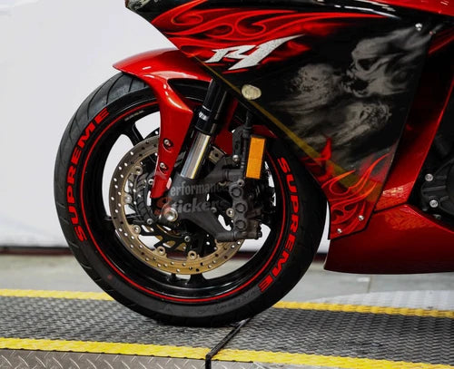 Supreme Motorcycle Tire Stickers shown on a tire or vehicle wheel
