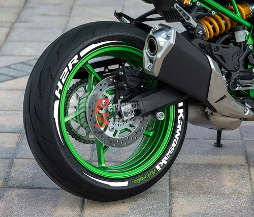 Ninja H2R with Stripes Motorcycle Tire Stickers shown on a tire or vehicle wheel