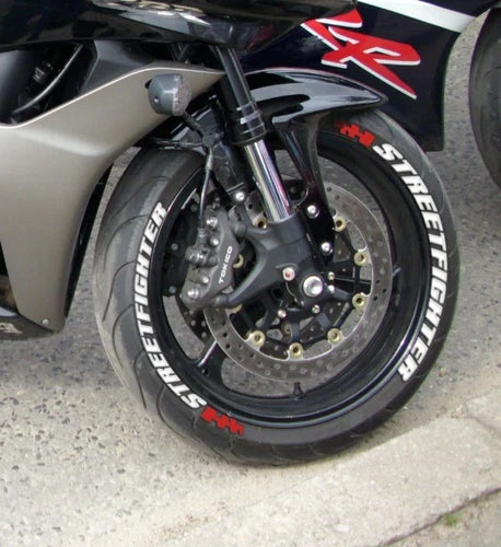 Street Fighter Motorcycle Tire Stickers shown on a tire or vehicle wheel